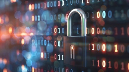 Digital padlock securing data represented by binary code in a vibrant, abstract background