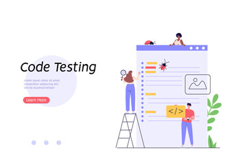 Software testing illustration. Coders working with code testing and debugging, searching bugs. Concept of software testing, bug report, quality assurance, fixing program code. Vector flat design