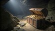 © Sutasinee - Dark and dusty cave with a large wooden treasure chest filled with piles of shiny gold coins and glittering jewels, treasure chest, mysterious chamber, gold coins, treasure trove, sparkle