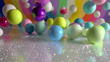 Wall Mural - Create a vibrant video of water and oil mixing on a colorful abstract background, with gradient balls, circles, and ovals gently falling onto a white glitter paper. 