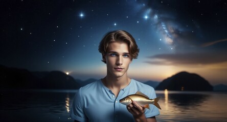 Wall Mural - A young man Pisces according to the zodiac sign with brown hair and blue eyes with a fish in his hands against the background of the starry sky. interpretation of the zodiac sign in human form.AI generated