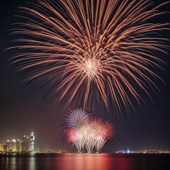 Poster - Large bursts of colorful fireworks over water, reflecting in the night sky with city buildings in the background, AI generated