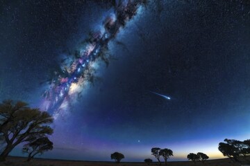 Poster - A starry landscape featuring the Milky Way and a shooting star over silhouetted trees at twilight, AI generated