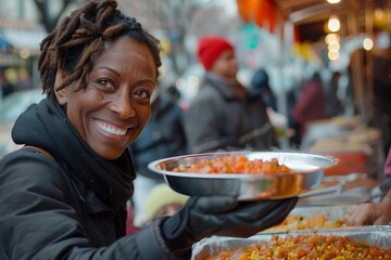 Close-up of a charitable act: Black woman serving a meal to a homeless person at a community food drive.