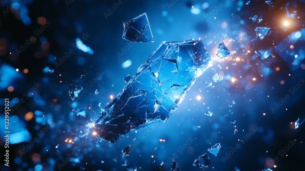 Chaotic spread of blue glasslike shards across a dark blue background ...