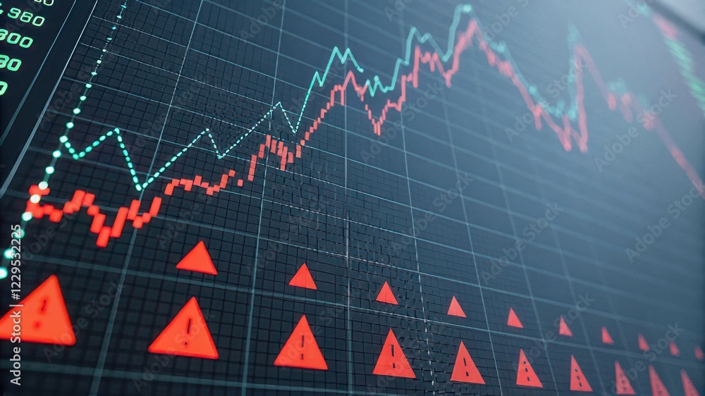 Stock Alert Graph Auction risk. Stock market graph showing fluctuating trends with red ...