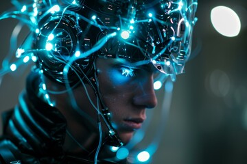 Wall Mural - man wearing futuristic brain computer interface helmet with glowing cables
