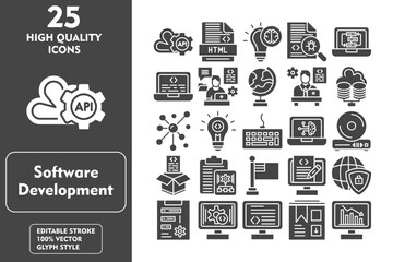 Wall Mural - Software Development glyph editable icon set. Containing api, lightbulb, content, web security, priority, development, programming, cardboard and more. Vector illustration icons