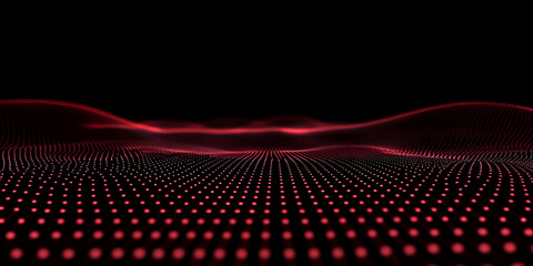 Wall Mural - abstract red particle wave flows smoothly on dark background with glowing dots pattern
