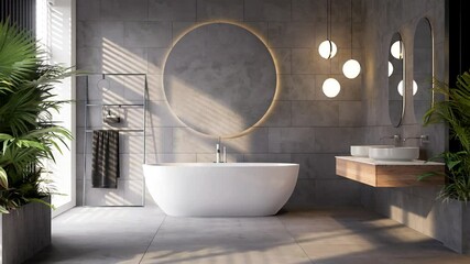 Wall Mural - Animation sunlight timelapse of minimal style modern loft bathroom with natural light 3d render, there are concrete tile floor decorated with circle backdrop with hidden light and green nature