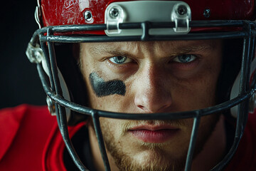 Wall Mural - Close-Up Portrait of a Determined American Football Player Wearing Helmet, Generative AI art