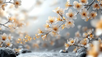 Canvas Print - Serene white blossoms grace tranquil grey stones.