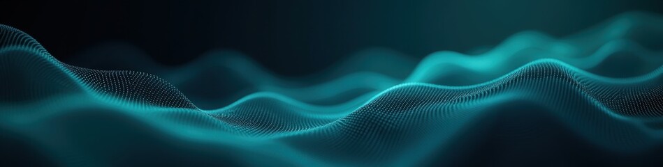 Flowing neural network lines and binary code in gradient teal against dark navy background, modern technology concept.