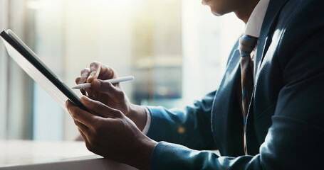 Aufkleber - Pen, tablet or hands of business man for research, online website or internet for stock trading. Office, stylus and corporate person on digital tech for financial planning, investing or budget review