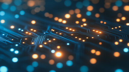 Wall Mural - circuitry glow: abstract close-up of a circuit board, illuminated by a mesmerizing array of glowing 