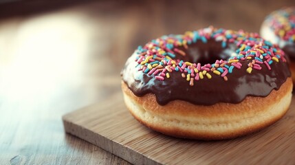 Wall Mural - Chocolate glazed donut with colorful sprinkles on wooden board. Perfect for bakery marketing, dessert menus, and food photography.