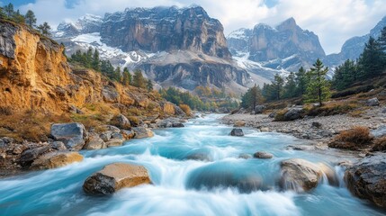 Wall Mural - Turquoise river rushes through rocky mountain valley