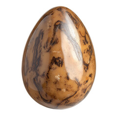 Poster - A close up image shows a polished egg shaped stone with a marbled brown and beige pattern.