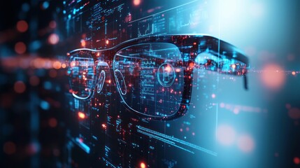 Futuristic eyewear displays digital data streams.