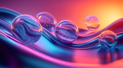 Wall Mural - abstract art design vibrant 3d shapes and flowing glass textures set against a neon wave background 
