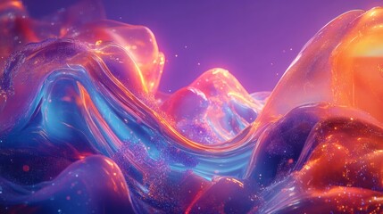 Wall Mural - abstract art design vibrant 3d shapes and flowing glass textures set against a neon wave background 