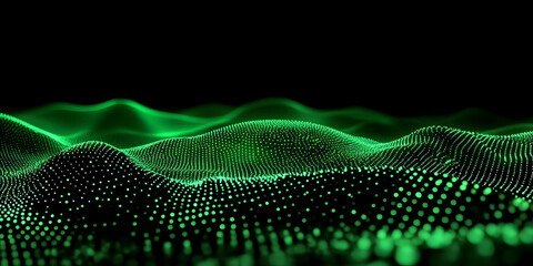 Wall Mural - abstract green particle wave flowing smoothly on black background