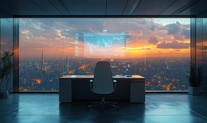 Canvas Print - Modern office sunset city view holographic data