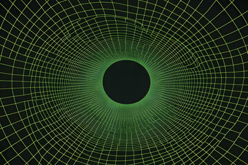 Wall Mural - 3d green grid tunnel leads to a dark center on a black background.