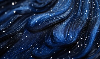 Glittery blue abstract background with flowing texture and bokeh lights.