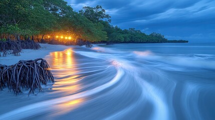 Sticker - Serene twilight beach, mangroves glowing, waves softly flowing.