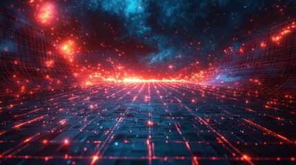 Poster - Futuristic glowing grid pathway cosmic expanse