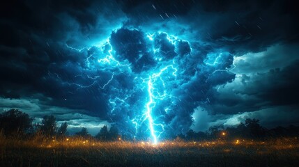 Night Storm Lightning Field Nature Dramatic Power