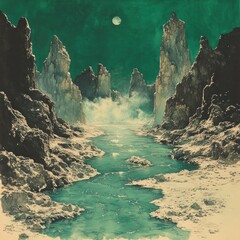 Wall Mural - Serene teal river flows through mystical rock canyon.