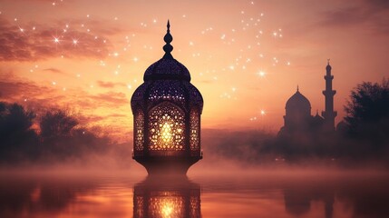 Sticker - Illuminated lantern floats on serene misty water, sunset backdrop.