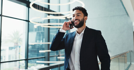 Aufkleber - Phone call, laughing and businessman in office, planning and conversation with contact for negotiation. Happy, real estate agent and person with mobile for funny chat, networking and communication