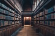 © timitinej - Elegant wooden library with towering bookshelves and warm lighting