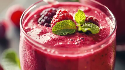 Wall Mural - a close up of a glass of red smoothie with fresh berries and mint on top.