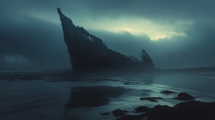 Wall Mural - a large shipwreck is on the beach. the water is calm and the sky is cloudy. the ship is partially su