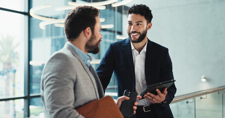 Poster - Office, lobby and business people with tablet for feedback, schedule information or conference hall advice. Seminar, employee and keynote speaker with smile for networking, research and online review