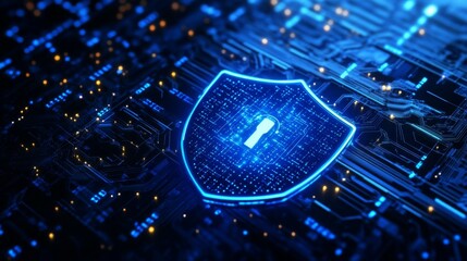 Poster - A glowing blue shield icon representing cybersecurity on a digital circuit board backdrop.