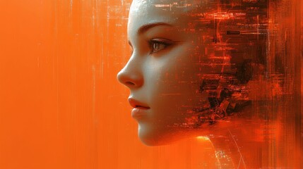 Canvas Print - Futuristic woman profile, orange hues, digital overlay