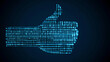 © ลลิดา ไชยศรีษะ - A digital thumbs-up icon made of binary code, isolated on a dark blue background, high-resolution photography.