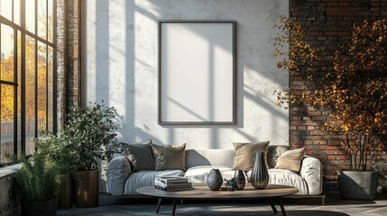 Wall Mural - Sunlit autumnal living room, minimalist decor, blank canvas.