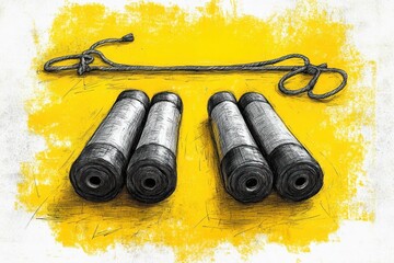 Wall Mural - Rolled materials and rope on yellow background