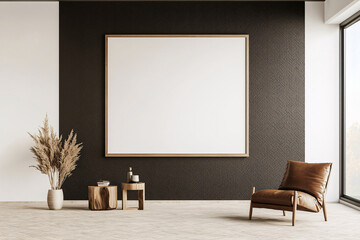 Wall Mural - modern interior featuring dark matte accent wall, large empty frame, stylish chair, and decorative elements like plant and wooden tables. space exudes minimalist aesthetic