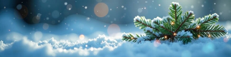 Wall Mural - Tiny evergreen branches twinkle within crystal-clear ice of enchanted snow scene, decoration, snow