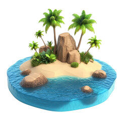 Wall Mural - a tranquil tropical island with palm trees, rocks, and clear blue waters under the sun., isolated on