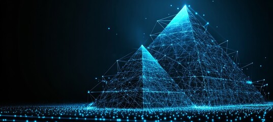Abstract Giza Pyramids Blue Wireframe Network of Lines and Dots Representing Digital Innovation
