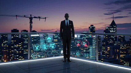 Aufkleber - Futuristic urban skyline with hologram displays and a business figure at sunset