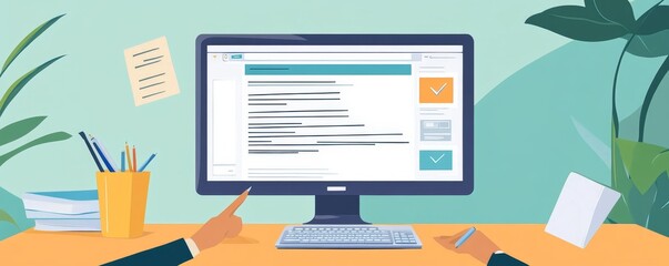 Online form filling on computer screen. Two hands are pointing at the screen. Office supplies are around the computer.